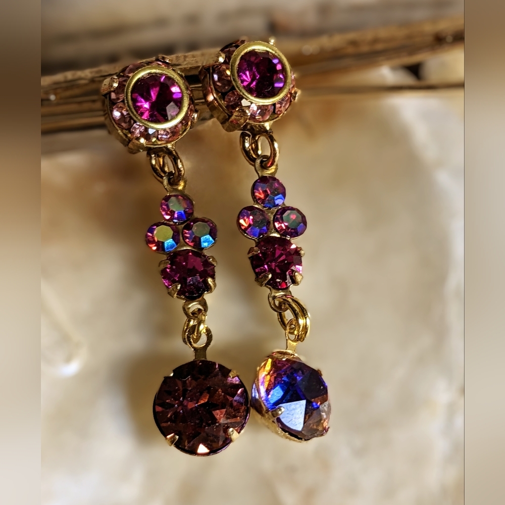 Fuschia Pink AB & Flower Swarovski Crystal In Drop Down Gold Plated Earrings